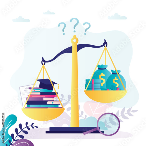 Graduation cap, textbooks and golden coins on scales. Education cost concept. Money spending on education, Investment in future. student loan, scholarship and college fees.