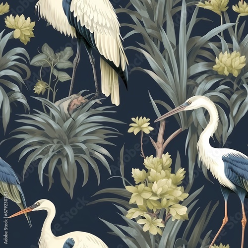 Chinoiserie Jungle Paradise Wallpaper features a crane seamless pattern © Wipada
