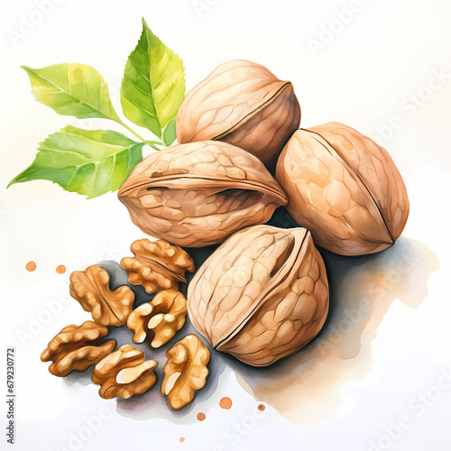 Walnuts cracked and uncracked nuts, watercolor illustration. photo