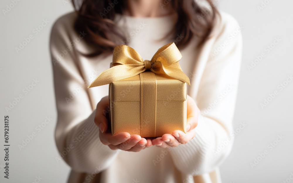A woman holds a gift box forward Illustration of joyful events during the festival white background A woman holds a gift box forward Illustration of joyful events during the festival white background