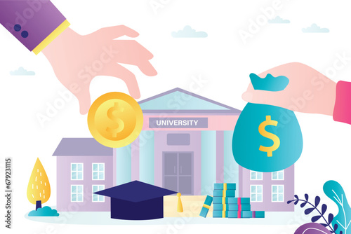 Students pay lot of money for education. University or college building and human hands holding money. High tuition fees. Education loan, scholarship. Investment in future.