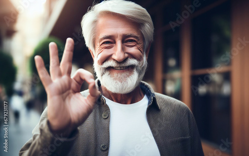 Elderly man raises his hand to make ok gesture Healthy old man The face has a happy smile