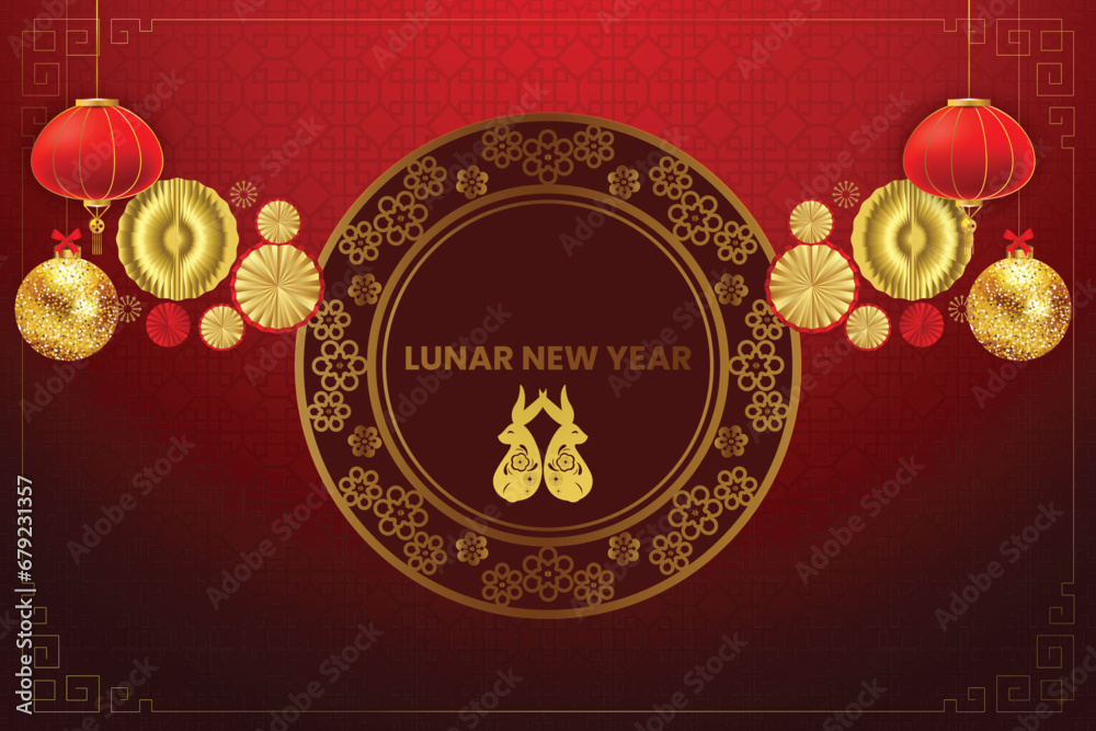 Lunar New Year. Lunar New Year Background. Chinese new year, year of the rabbit banner template design with rabbits and flowers background. Chinese translation Rabbit