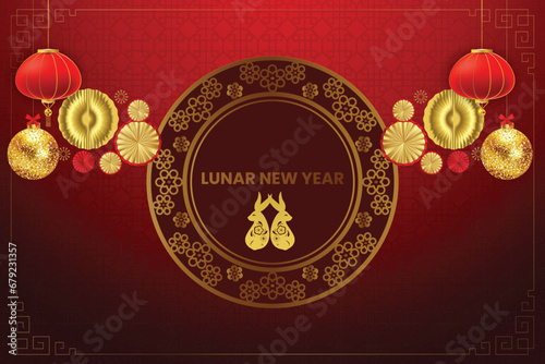 Lunar New Year. Lunar New Year Background. Chinese new year, year of the rabbit banner template design with rabbits and flowers background. Chinese translation Rabbit