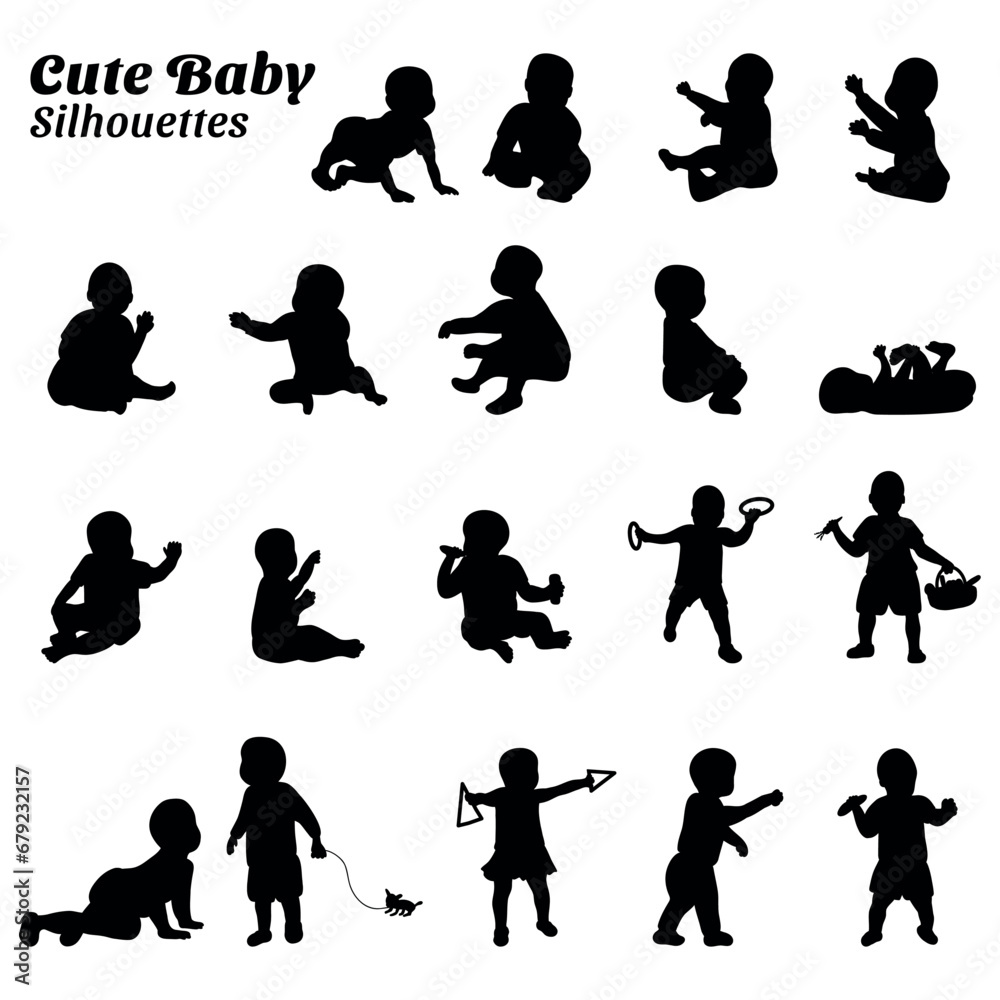 Set of illustrations of cute baby silhouettes Set of illustrations of cute baby silhouettes