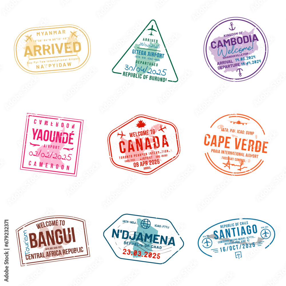 Obraz premium Set of travel visa stamps for passports. Abstract international and immigration office stamps. Arrival and departure customs visa stamps to country. Vector