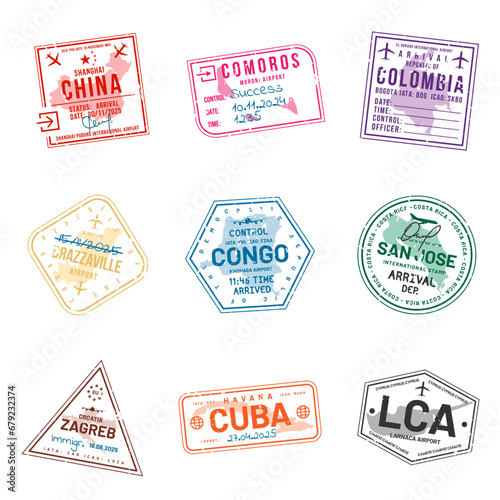 Set of travel visa stamps for passports. Abstract international and immigration office stamps. Arrival and departure customs visa stamps to country. Vector