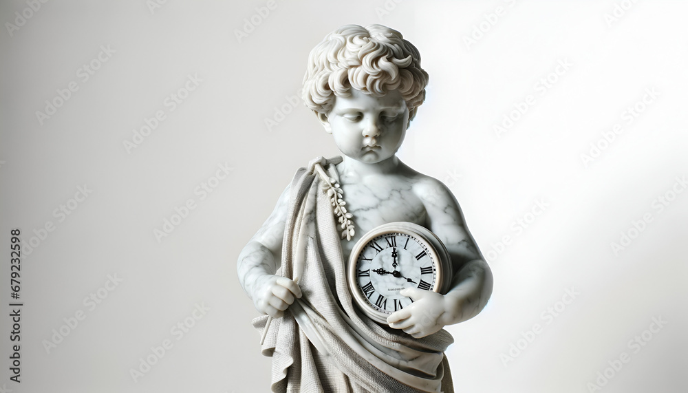 altgriechische Marmorstatue hält eine Uhr, Kind wird erwachsen, Alterungsprozess