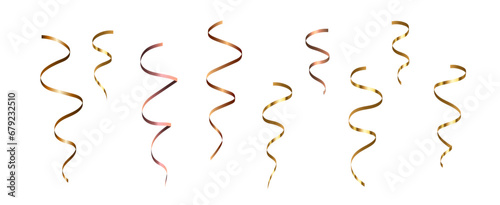 Bright Gold Serpentine. Set of curly ribbons, festive decor elements for holiday, Christmas decoration, party, birthday, festive carnival, greeting cards. Vector illustration.