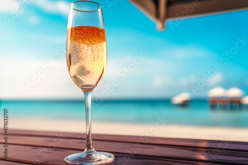 Close-up of a glistening champagne glass, with a blurred tropical paradise backdrop. Generated AI.