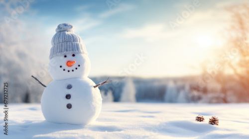 Snowman with a hat in a sunny snowy landscape. © Anna