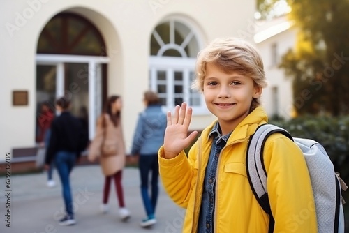 Smiling boy in yellow jacket with a backpack waving his hand in the street on his way to school