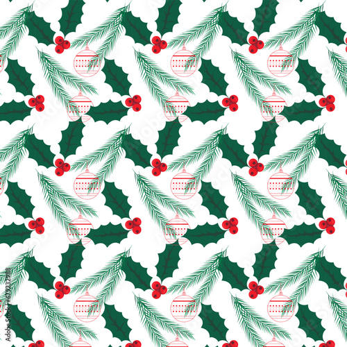 Winter pattern, a branch of a Christmas tree, a New Year's ball and a thorny oak