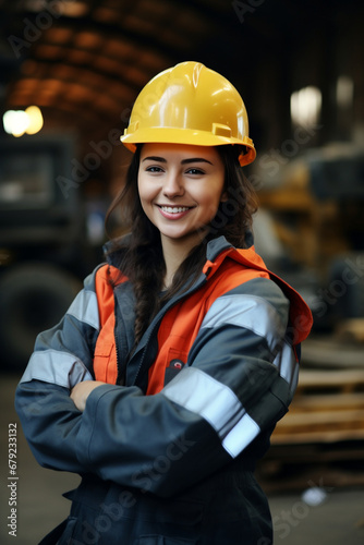 Young beautiful woman in work clothes and a protective helmet. In the background is production, a factory or a construction site. AI generated.