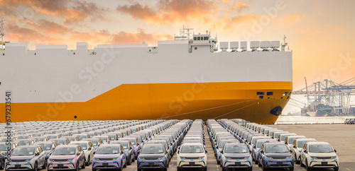 Close up vehicle carrier vessel loading car for shipping to worldwide, Large RoRo (Roll on off) vehicle car carrier, New car lined up in the port for import export around the world. photo