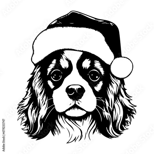 Cute Cavalier King Charles Spaniel Dog wearing Santa hat head, Christmas illustration, Generative AI.