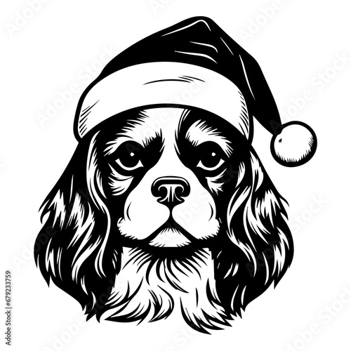 Cute Cavalier King Charles Spaniel Dog wearing Santa hat head, Christmas illustration, Generative AI.
