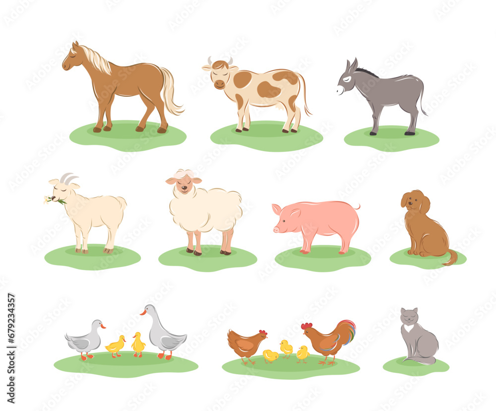 Fototapeta premium Farm animals. Cartoon animals collection: horse, cow, donkey, sheep, goat, pig, cat, dog, duck, goose, chicken, rooster. Vector illustration. 