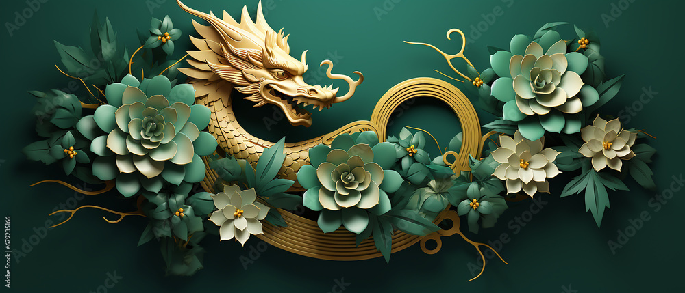 Green dragon symbol with flowers, on a green background. Happy Chinese New Year 2024 concept - obrazy, fototapety, plakaty 
