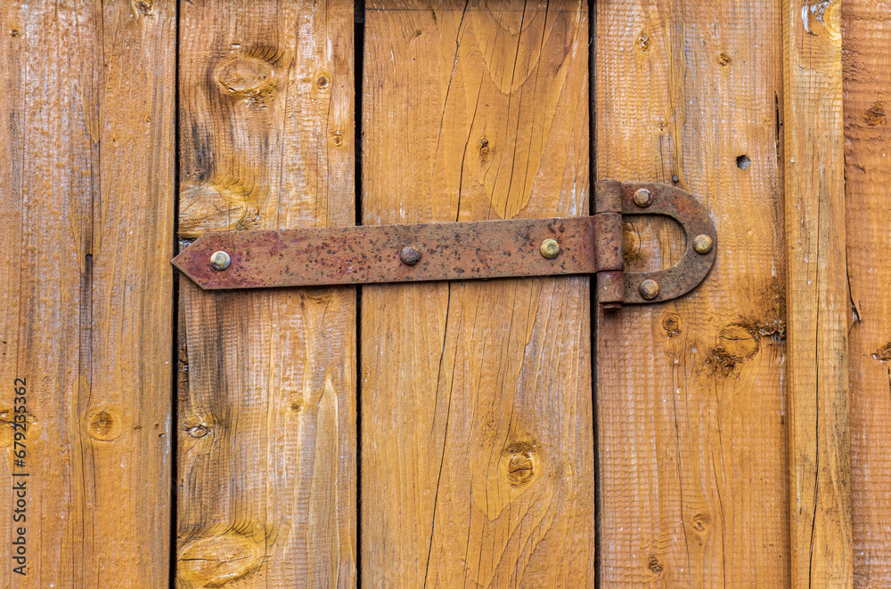 A rusty antique door hinge bolted to a painted wooden door. A rusty antique door hinge bolted to a painted wooden door.