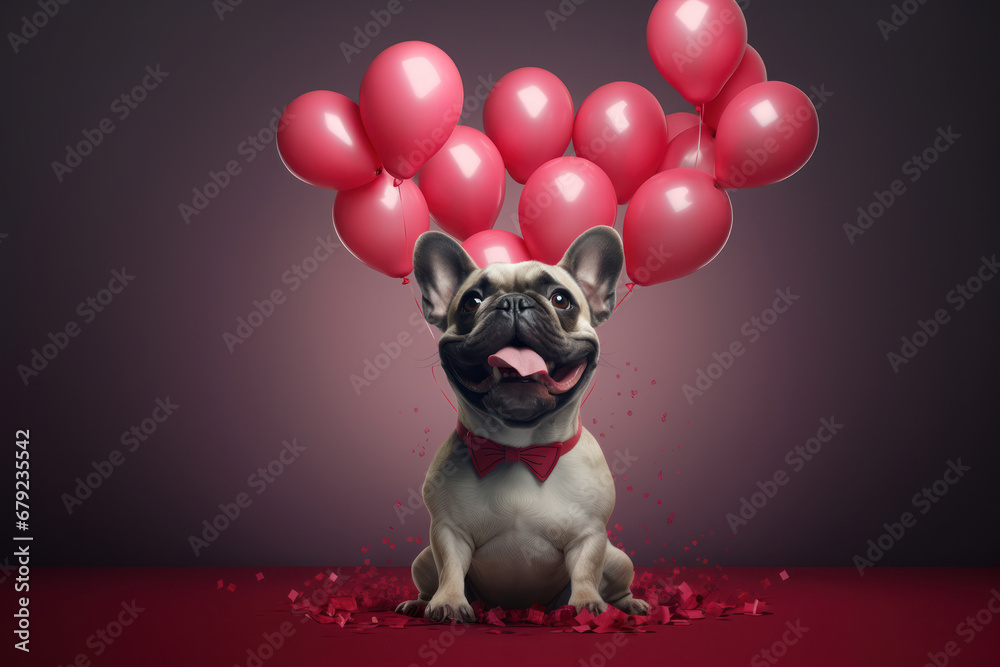 Funny French Bulldog on the dark background, surrounded by flying pink balloons. Themes of friendship and love. Greeting cards for Valentines Day and Birthday.. National Pet Day