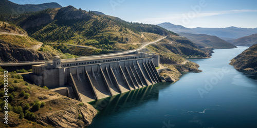 The dam stands guard at the mountain lake, a testament to human ingenuity amidst nature's grandeur