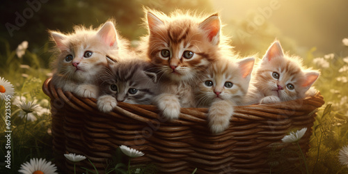 Fluffy kittens sitting in a wicker basket