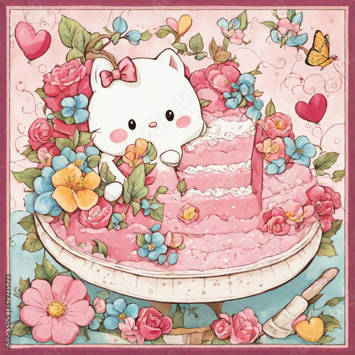 cat with cake and flowers