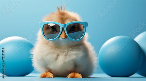 Cool little grey chick in sunglasses on blue background