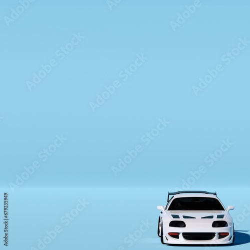 4K Square up or top view agle a white metalic supercar with Light Blue or blue background isolated, JDM japan car or Japanese Domestic Market