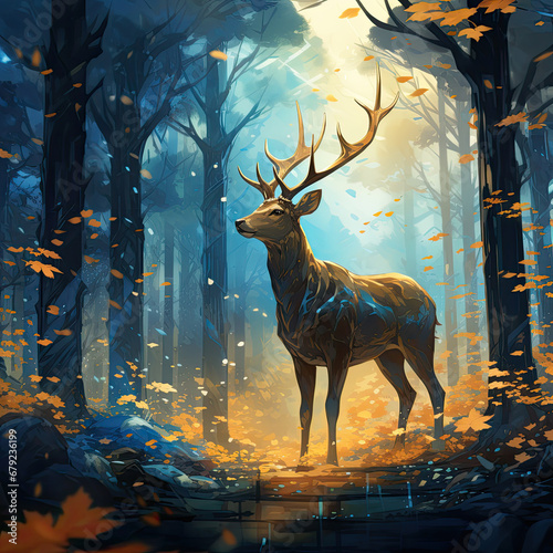 A deer in the blue woods. 