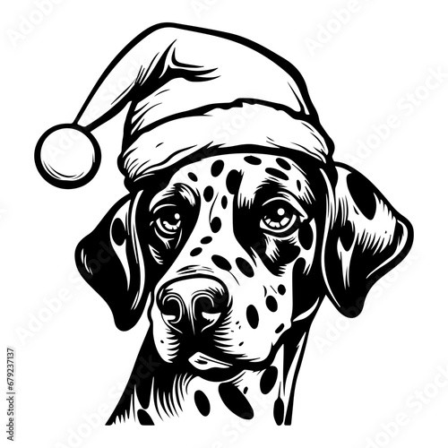 Cute Dalmatian Dog wearing Santa hat head, Christmas illustration, Generative AI. © hyam