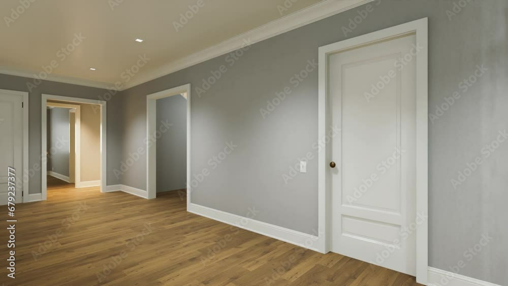3D video animation of an empty apartment without furniture or decor.