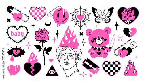 Y2k Tattoo Art in 2000s style. Y2k Emo Girl Stickers in pink and black design. Butterfly, barbed wire heart, antique sculpture, rose flower in psychedelic style. Vector Neo Gothic Tattoo print designs