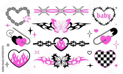 Y2k temporary Glamour  tattoo stickers. Girly Gothic pink and black Emo style elements. Butterfly, flamed heart, chain, barbed wire decoration. 90s - 00s Aesthetic tattoo design. Isolated vector