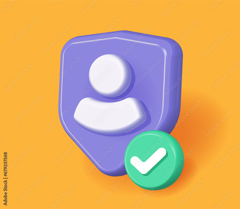 Personal user data protect 3d icon vector graphic, person safety secure check shield check mark render cartoon illustration, cyber virtual private privacy id guarantee guard defense online image Personal user data protect 3d icon vector graphic, person safety secure check shield check mark render cartoon illustration, cyber virtual private privacy id guarantee guard defense online image