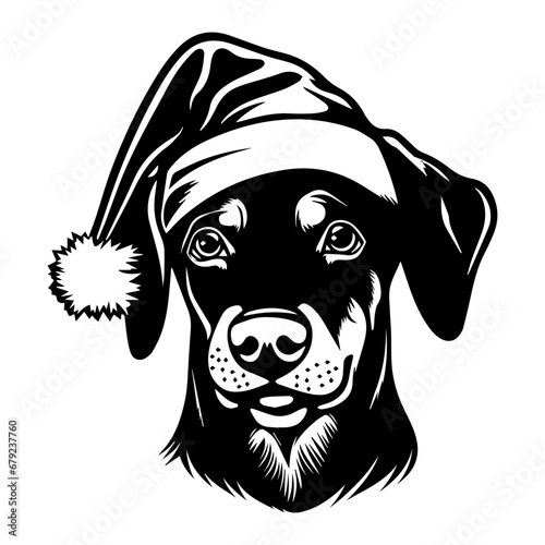 Cute Doberman Dog wearing Santa hat head, Christmas illustration, Generative AI. © hyam