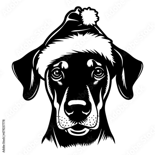 Cute Doberman Dog wearing Santa hat head, Christmas illustration, Generative AI.