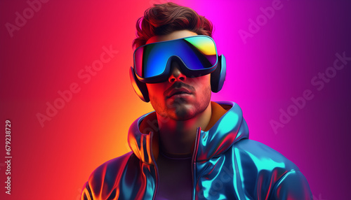 Futuristic gamer with virtual reality headset. Crazy fluorescent gradient background. 
