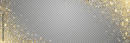 Gold glitter light border. Christmas banner. Holiday magic star effect frame. Golden flying particle. Twinkle fairy bulb. Shine luxury confetti. Sparkle bokeh. Festive party. Vector illustration