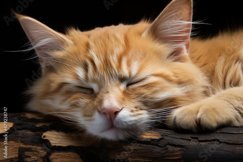 Tabby cat sleeping peacefully on a tree trunk © Kepa