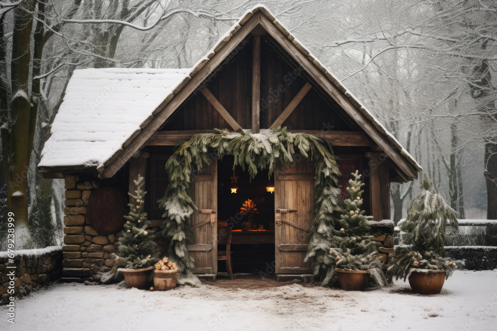 Snowy cabin adorned with Christmas decorations and warm lights. Snowy cabin adorned with Christmas decorations and warm lights.
