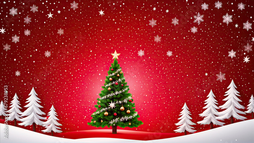 a decorated christmas tree in the middle of a red background