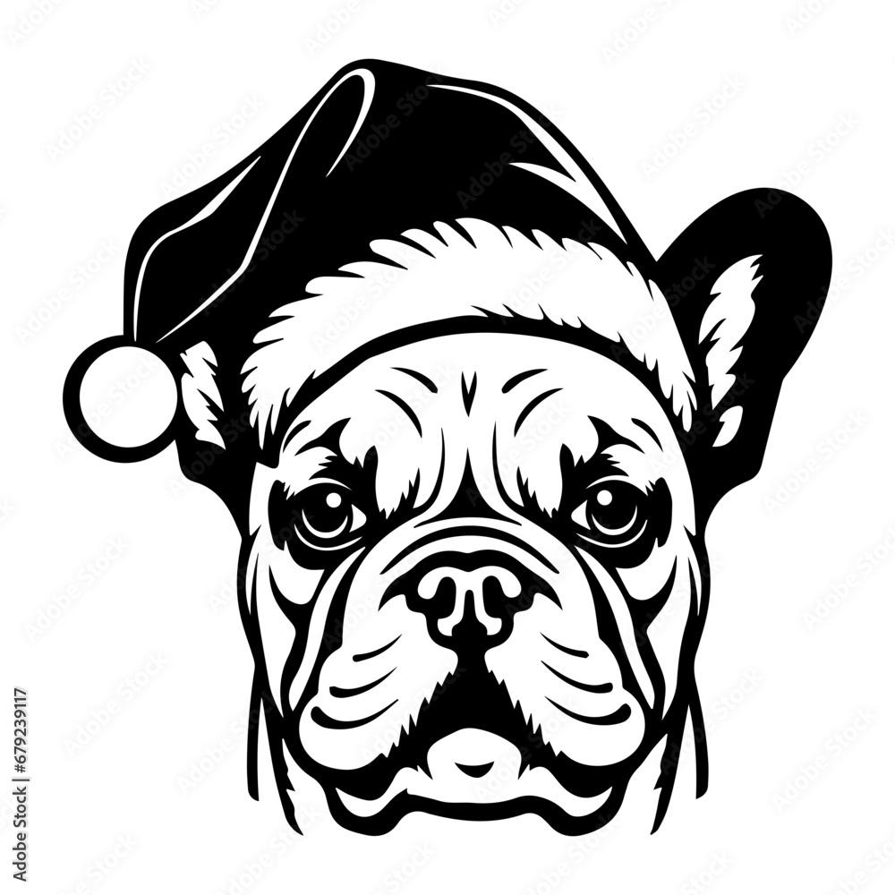 Cute french bulldog Dog wearing Santa hat head, Christmas illustration, Generative AI.