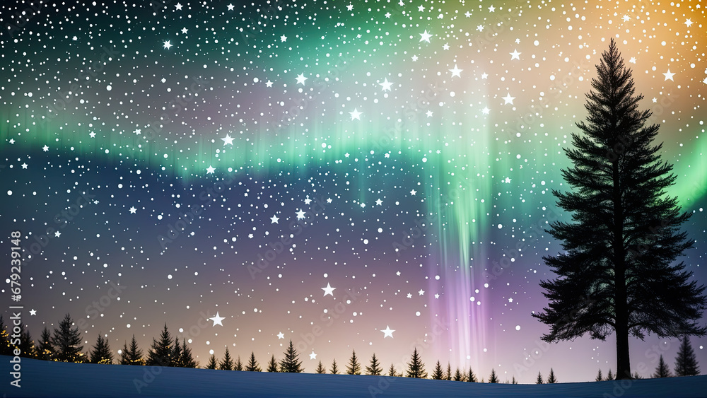 a starry night sky scene with green and purple aurora and christmas tree in foreground