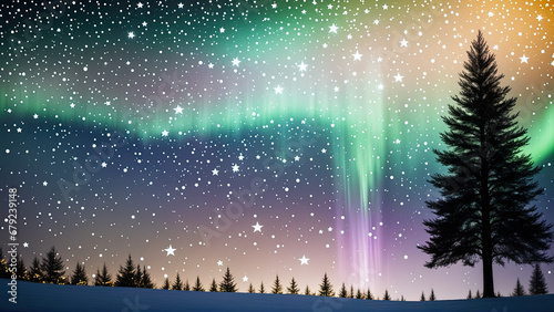 a starry night sky scene with green and purple aurora and christmas tree in foreground photo