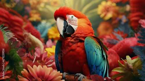 A scarlet macaw framed by a backdrop of vibrant tropical flowers, a testament to the vivid beauty of its native habitat.