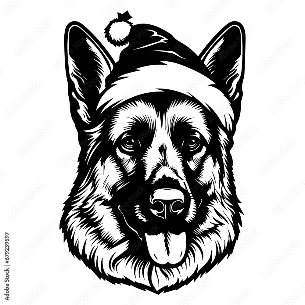 Cute german shepherd Dog wearing Santa hat head, Christmas illustration, Generative AI. Cute german shepherd Dog wearing Santa hat head, Christmas illustration, Generative AI.