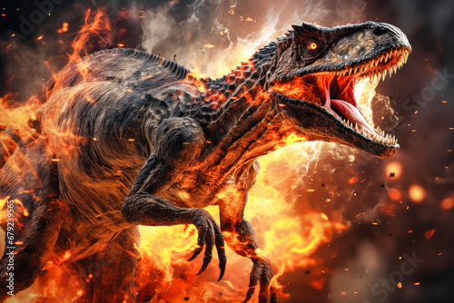 A terrible dinosaur Velociraptor with an open huge mouth against a background of fire and smoke in the burning primeval jungle. Death of the dinosaurs. © Anoo