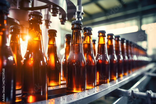 Factory for the production of beer. Brewery conveyor with glass beer drink alcohol bottles. Blurred background. Modern production for bottling drinks. Selective focus.